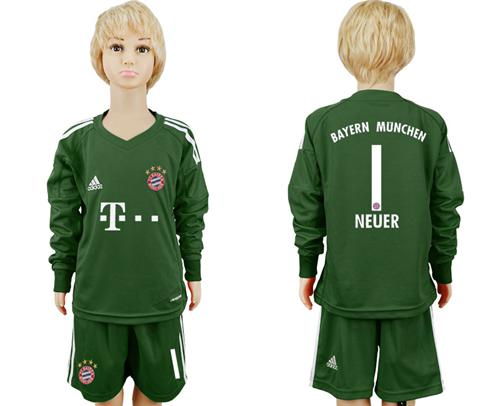 Bayern Munchen #1 Neuer Green Goalkeeper Long Sleeves Kid Soccer Club Jersey - Click Image to Close